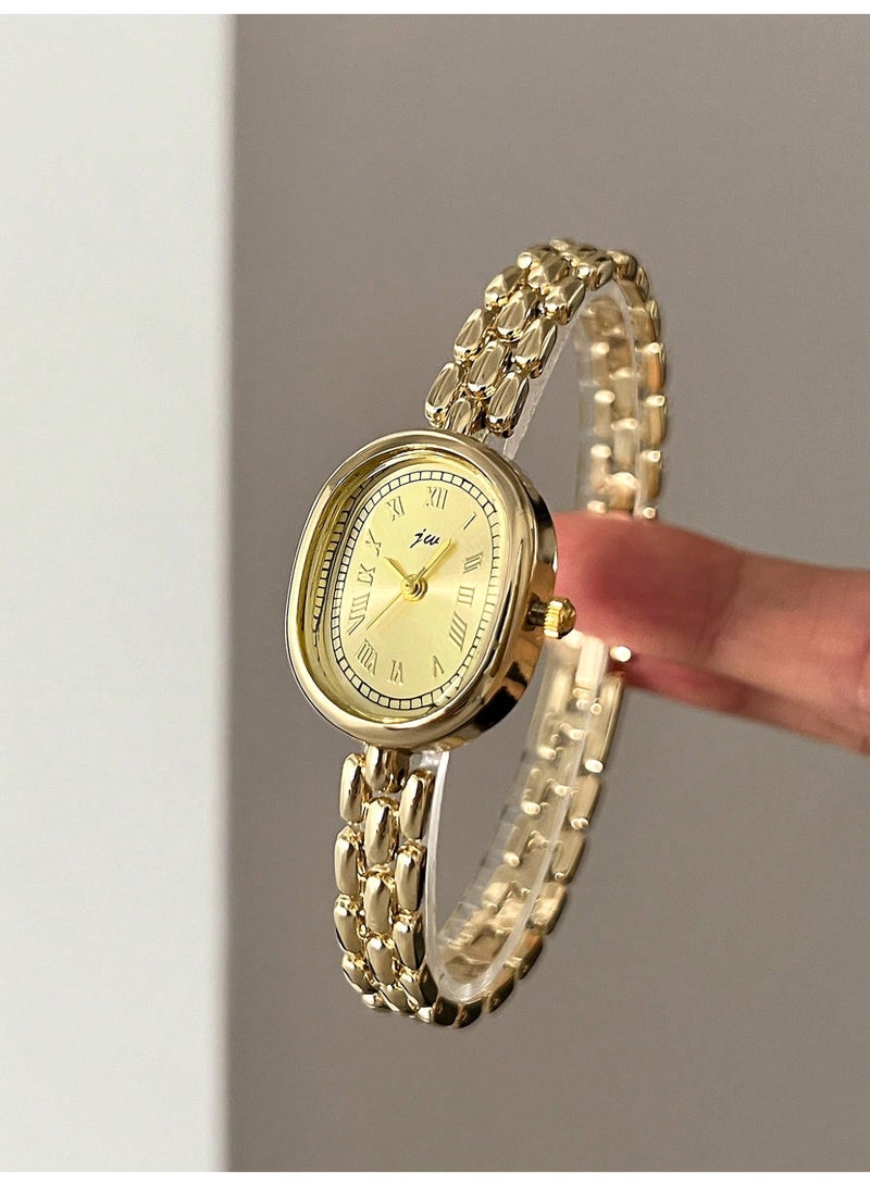 جي دبليو ساعة يد نسائية ذهبية اللون قرص بيضاوي أرقام رومانية وجه ذهبي، ساعة كوارتز أنيقة كلاسيكية عصرية مع سوار معدني ذهبي للاستخدام اليومي والزينة (JW944) - Image 3